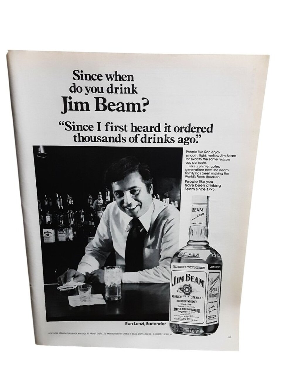 1978 Jim Beam Bourbon Whiskey Vintage Print Ad Ron Lenzi Bartender